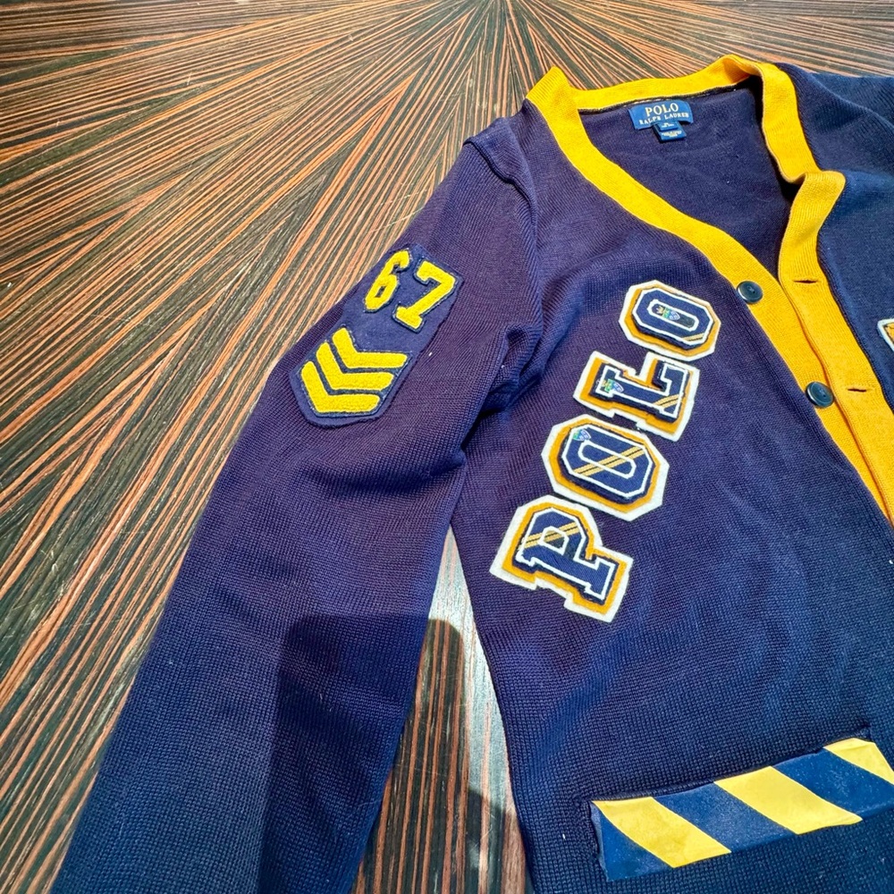 🔥🔥 HOT Polo Ralph Lauren Navy Yellow Varsity Preppy Cardigan Patches P Wing - Picture 10 of 16